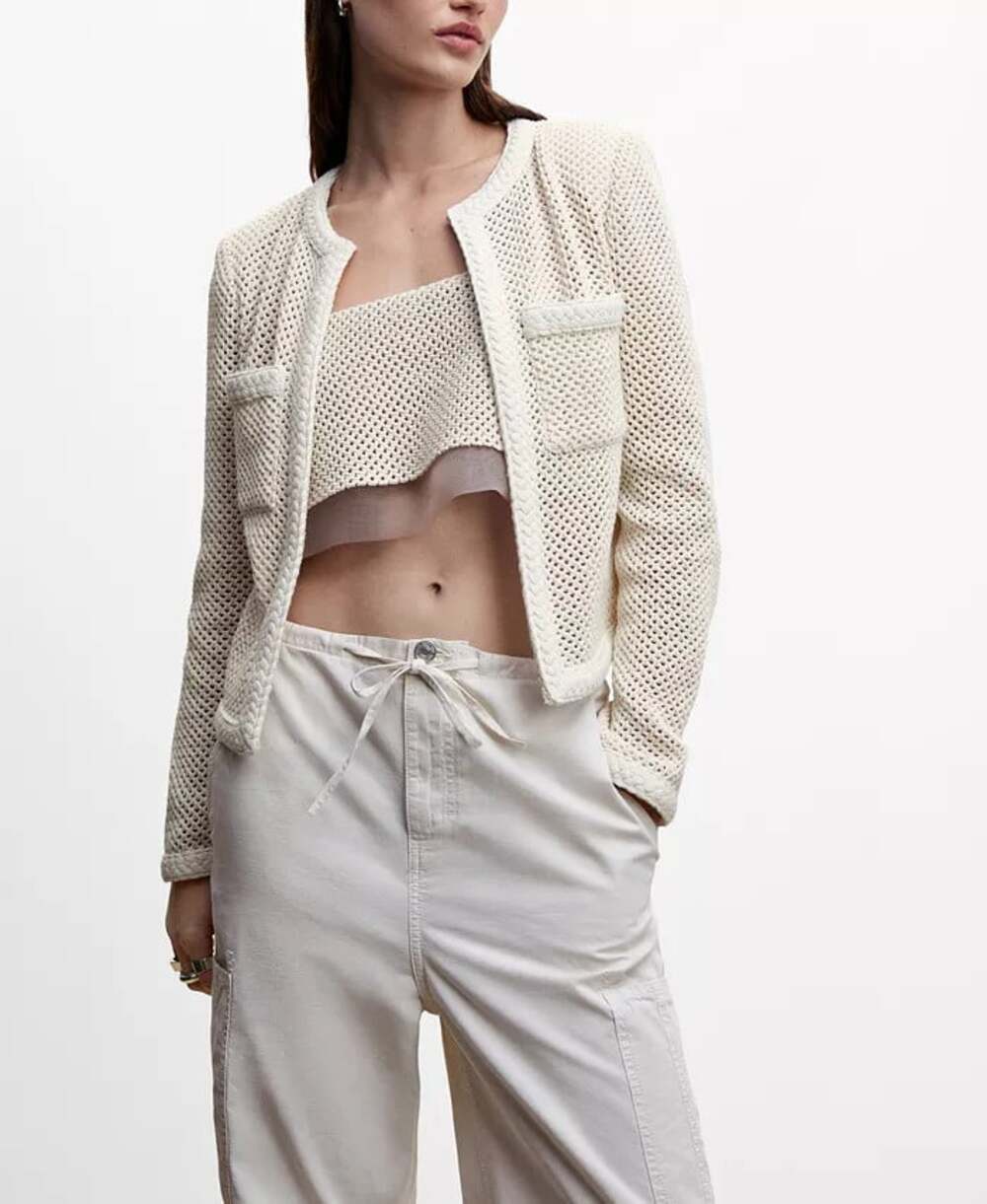 Mango MNG Openwork Knit Jacket Size Medium Ivory Neutral Minimal Parisian